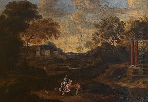 An Extensive Landscape With Travellers On A Country Path Beside Ruins - view 1