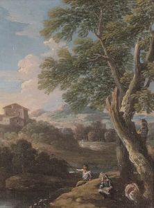 A Wooded River Landscape With Anglers By A Tree, A Villa Beyond