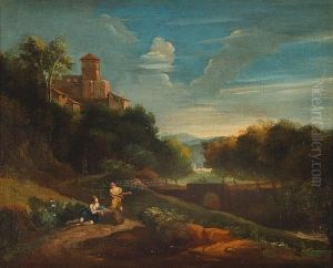 An Italianate Landscape With 
Figures Resting Beside A Country Path, A Hilltop Village Beyond by Jan Frans Van Bloemen (Orizzonte)