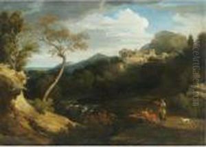 A View Of Tivoli, With Classical Figures Conversing In The Foreground