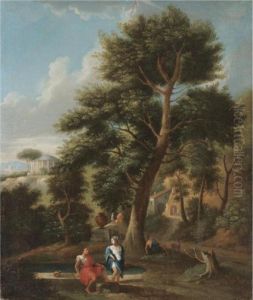 A Classical Landscape With Figures Resting Beside A Pool A Temple Beyond by Jan Frans Van Bloemen (Orizzonte)