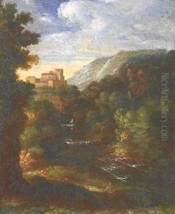 Southern Mountainous Landscape With Waterfalland Castle On A Bank