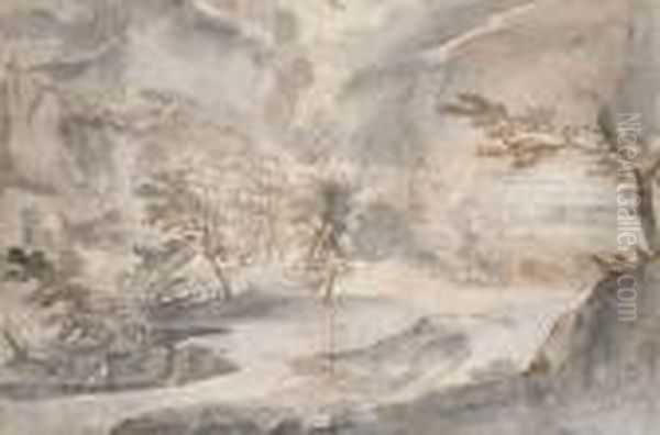 Paysage Avec Des Arbres, Un Village Et Une Montagne A L'arriere-plan - view 1