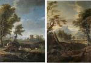 An Italianate Landscape With 
Drovers And Their Animals Crossing A Bridge, A Harour Beyond
