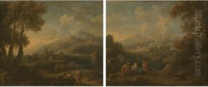 Peasants In A Landscape; A Traveller Talking To Two Peasants In A Landscape: A Pair by Jan Frans Van Bloemen (Orizzonte)