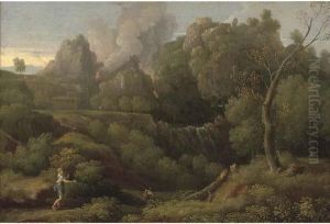 A Wooded Landscape With Figures In The Foreground, A Volcano Erupting Beyond by Jan Frans Van Bloemen (Orizzonte)
