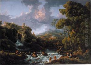 A Scene In The Roman Campagna With A Capriccio View Of Tivoli And A Bolt Of Lightning