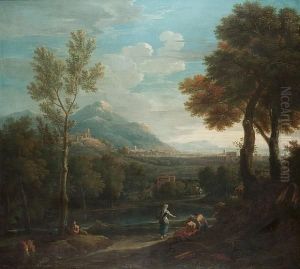 An Italianate Landscape With 
Classical Figures Beside A Lake In The Foreground, A Roman Coastal Town 
And Mountains Beyond