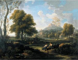 Classical Landscape With Resting Figures And A Lakeside Town Beyond by Jan Frans Van Bloemen (Orizzonte)