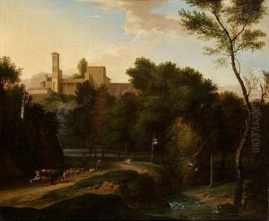 A Wooded Italianate Landscape 
With Shepherds Droving Their Livestock Beside A River In The Foreground,
 A Classical Villa On A Hill Beyond