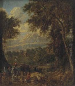 A Mountain Landscape With Travellers On A Wooded Track