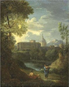 Landscape With Figures Resting By A Lake, A Town Beyond by Jan Frans Van Bloemen (Orizzonte)