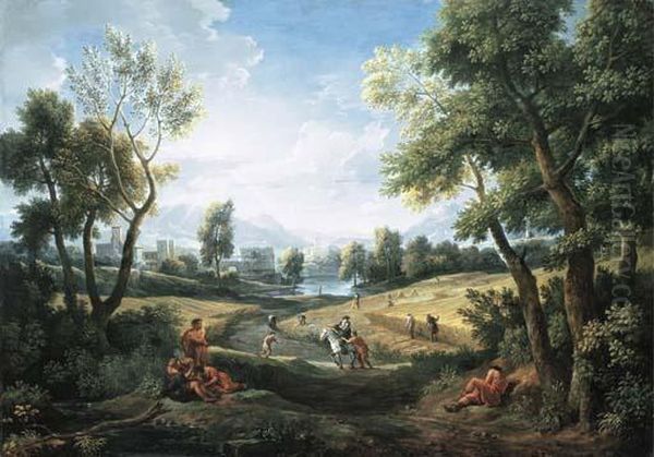 An Extensive River Landscape With Peasants During The Harvest, Alakeside Town Beyond - view 1
