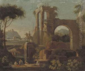 An Italianised Landscape With Bathers By A Classical Ruin