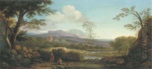 An Extensive Italianate Landscape With Shepherds By A River And Avillage Beyond by Jan Frans Van Bloemen (Orizzonte)