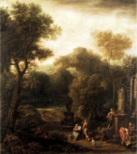 Italianate Landscape With Figures Beside Ruins by Jan Frans Van Bloemen (Orizzonte)