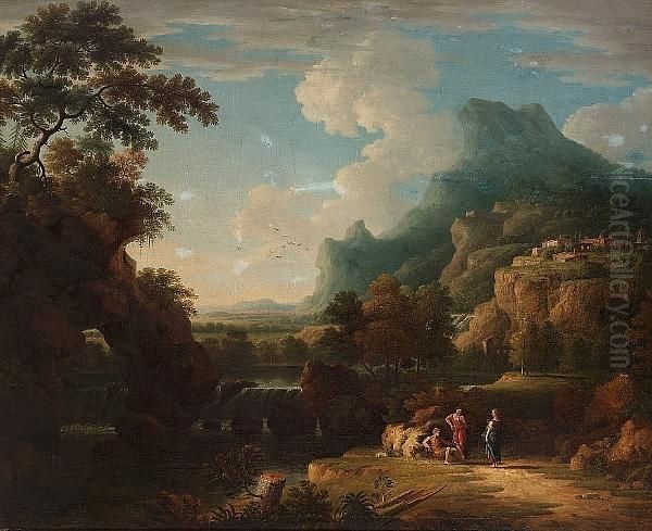 An Italianate Landscape With Figures Beside A Waterfall, A Hilltop Village Beyond - view 1