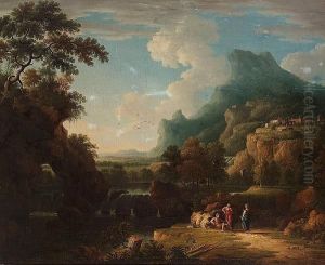 An Italianate Landscape With Figures Beside A Waterfall, A Hilltop Village Beyond by Jan Frans Van Bloemen (Orizzonte)