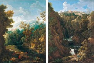 A Classical Landscape With Shepherds Beside A Waterfall, Said To Be A View Of Tivoli by Jan Frans Van Bloemen (Orizzonte)