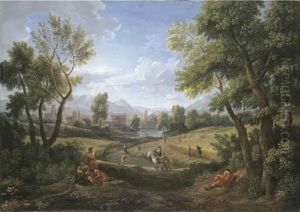 An Extensive River Landscape With Peasants During The Harvest, A Lakeside Town Beyond by Jan Frans Van Bloemen (Orizzonte)