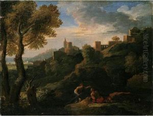 A Classical Landscape With Figures In The Foreground, A Walled Town Beyond