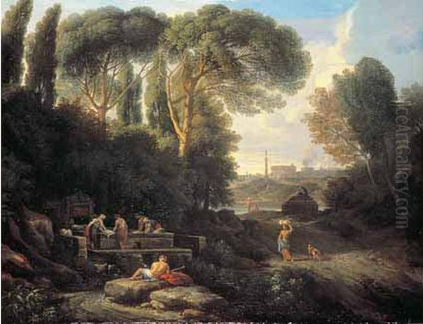 Lavandieres A La Fontaine Dans Un Paysage Classique - view 1