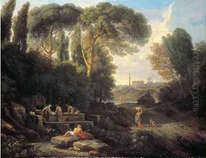 Lavandieres A La Fontaine Dans Un Paysage Classique