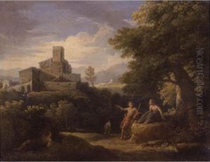 Arcadian Landscape With Figures Resting On A Rock, A Castle Beyond by Jan Frans Van Bloemen (Orizzonte)