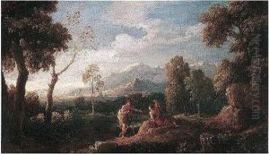 A Wooded Landscape With Figures Conversing In The Foreground