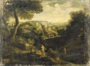Veduta Ideata Di Roma Con Il Colosseo Sullo Sfondo E Astanti In Primo Piano