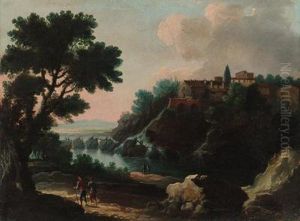 Travellers Before A Waterfall In
 A River Landscape; And Peasants Ona Path In A River Landscape With A 
Town Beyond