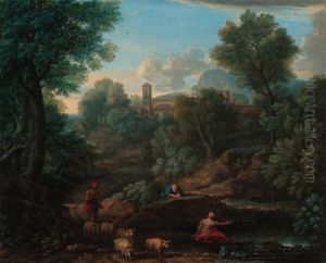 A Landscape With A Shepherd And Sheep At A Stream, A Villagebeyond A Landscape With A Shepherd And Sheep At A Stream, A Villagebeyond