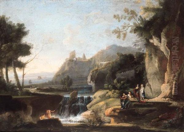 An Italianate Landscape With
Figures And Anglers On An Outcropbefore A Waterfall, A Hilltop Ruin
Beyond - view 1