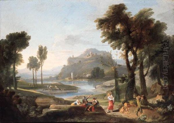 An Italianate Landscape With Figures Resting By A River, A Hilltopcastle Beyond - view 1