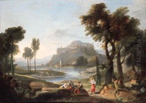An Italianate Landscape With Figures Resting By A River, A Hilltopcastle Beyond