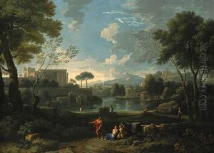 An Italianate Landscape With A 
Lakeside Town And A Fortified Palaceon A Hill, Figures Resting On A Path
 In The Foreground