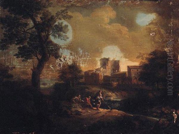 An Italianate Landscape With Travellers On A Path Overlooking Avilla On A River - view 1