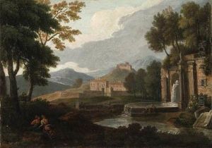 An Italianate Landscape With A Fountain And Philosophers Resting Inthe Foreground by Jan Frans Van Bloemen (Orizzonte)