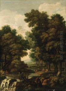 A Wooded River Landscape With Fishermen Sitting On A Bank A Wooded River Landscape With Fishermen Sitting On A Bank
