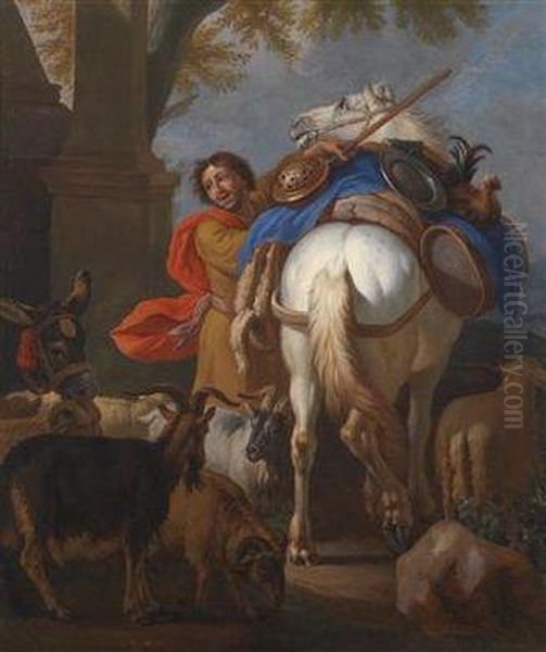 An Armed Man With His Horse And Goats - view 1