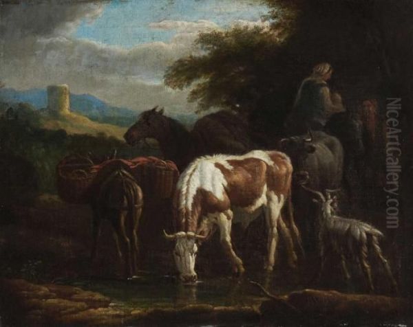 Hirtenfamilie Mit Vieh An Der Tranke. - view 1