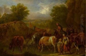 Herdsmen Grazing Their Cattle Before An Open Landscape