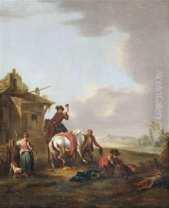 Resting Horsemen At A Farmhouse. by Pieter van Bloemen