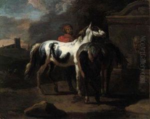 Horses Watering At A Classical Fountain Horses Watering At A Classical Fountain