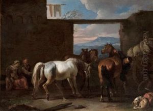 Pferde Und Hunde Mit Figuren Vor Einem Wirtshaus