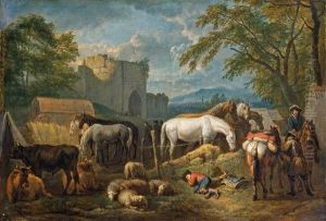 Rastende Pferde Vor Kastell In Sudlicher Landschaft by Pieter van Bloemen