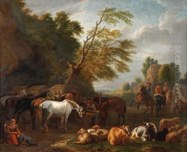 A Military Encampment In A
Wooded Landscape With Sheepand Cattle Grazing, And Mounted Cavalry
Behind - view 1