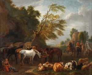 A Military Encampment In A
Wooded Landscape With Sheepand Cattle Grazing, And Mounted Cavalry
Behind by Pieter van Bloemen