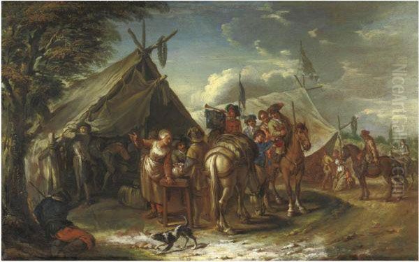 A Military Encampment With A Mounted Trumpeter And Other Horsemenbefore A Sutler's Tent - view 1