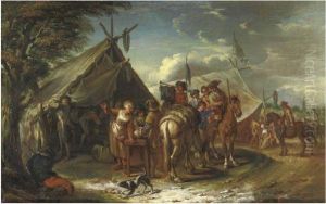A Military Encampment With A Mounted Trumpeter And Other Horsemenbefore A Sutler's Tent